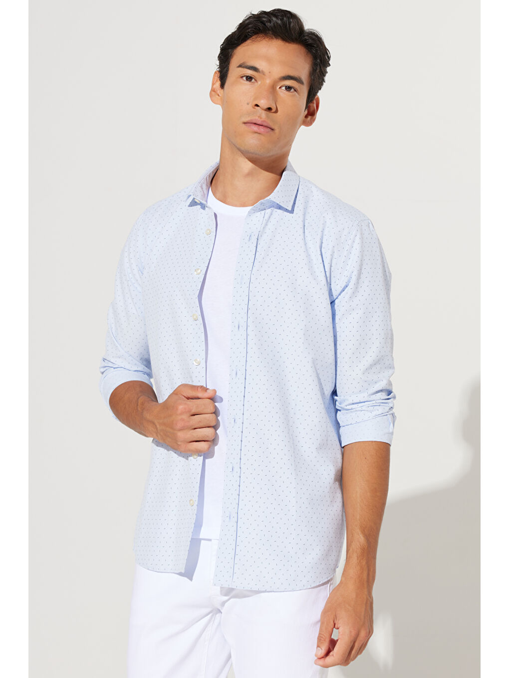 Erkek Mavi-Lacivert Slim Fit Dar Kesim İtalyan Yaka Baskılı Gömlek-6