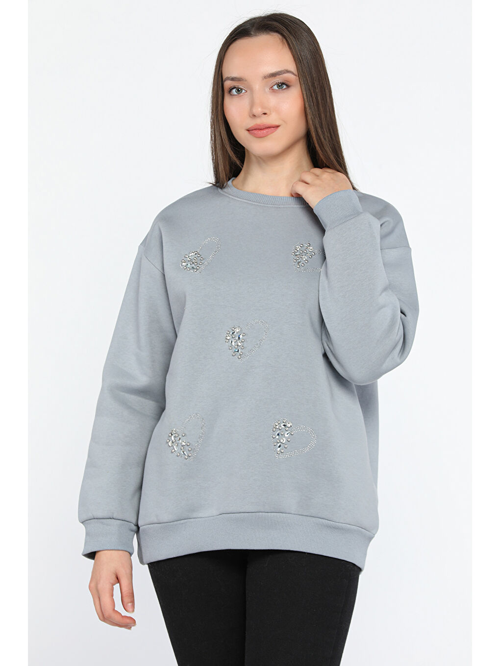 Gri Kadın Bisiklet Yaka Üç İplik Şardonlu Taş İşlemeli Sweatshirt-1