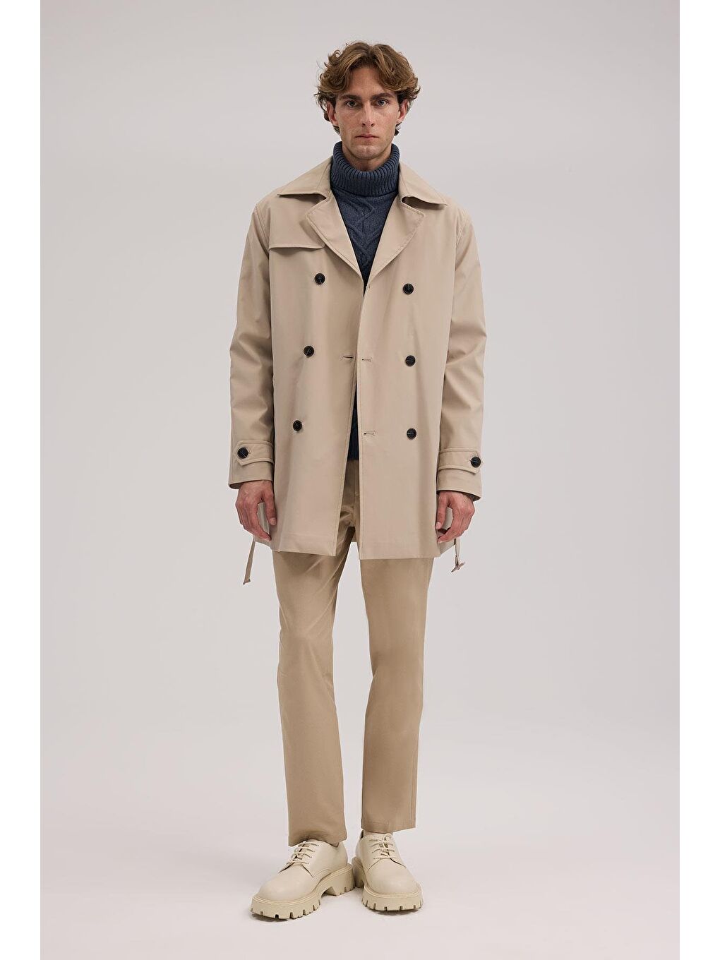 Bej Comfort Fit Kruvaze Kemerli Trençkot-1