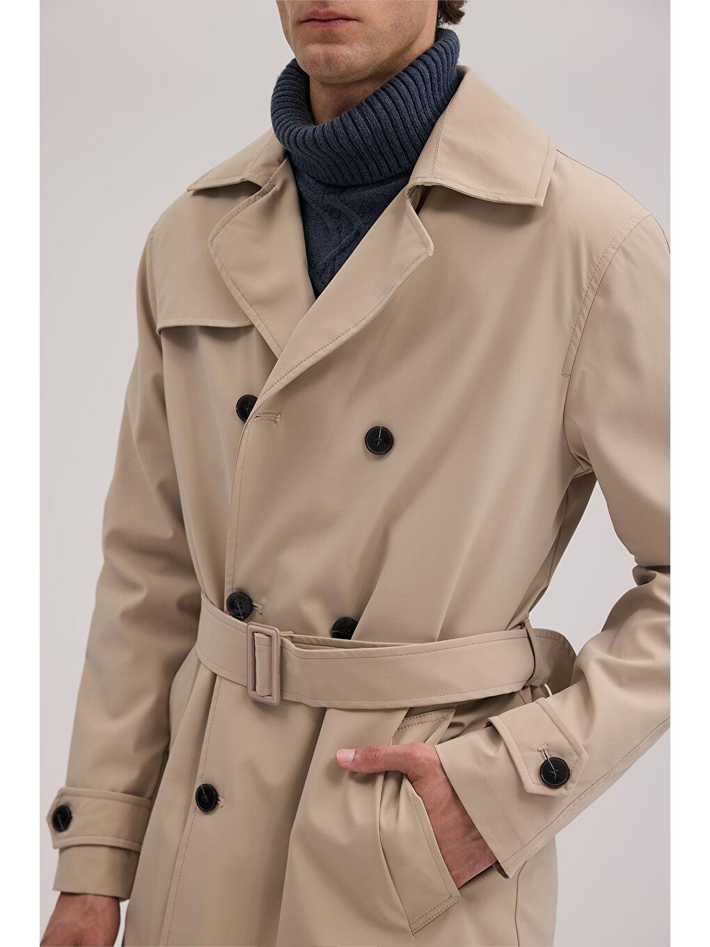 Bej Comfort Fit Kruvaze Kemerli Trençkot-2