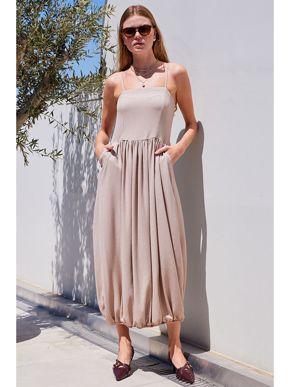 2492 Askılı Örme Salopet Elbise - Bej