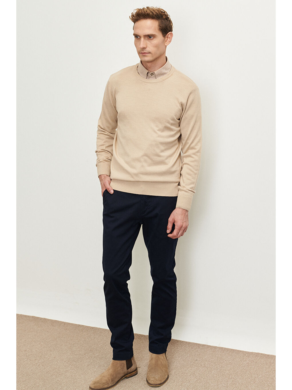 Erkek Bej Standart Fit Normal Kesim Bisiklet Yaka Yünlü Rahat Triko Kazak-1