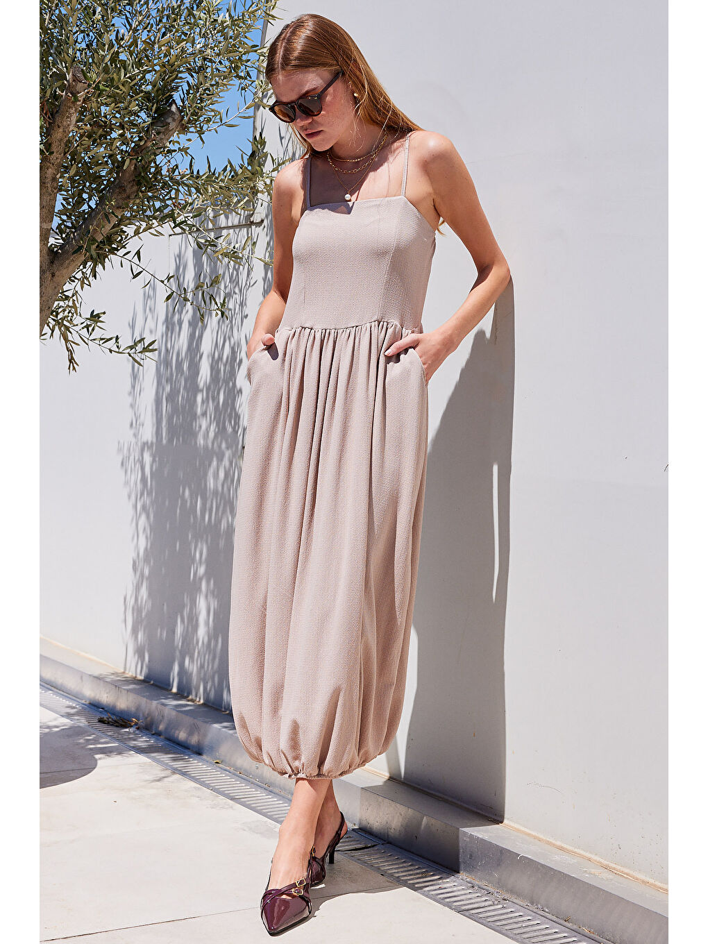 2492 Askılı Örme Salopet Elbise - Bej-1