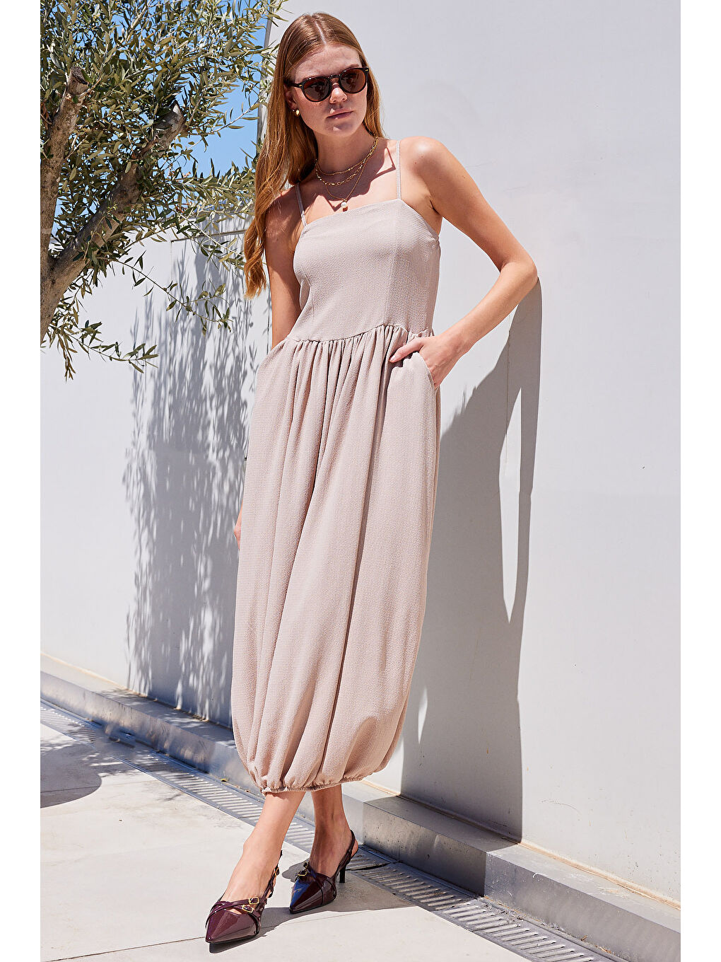 2492 Askılı Örme Salopet Elbise - Bej-2