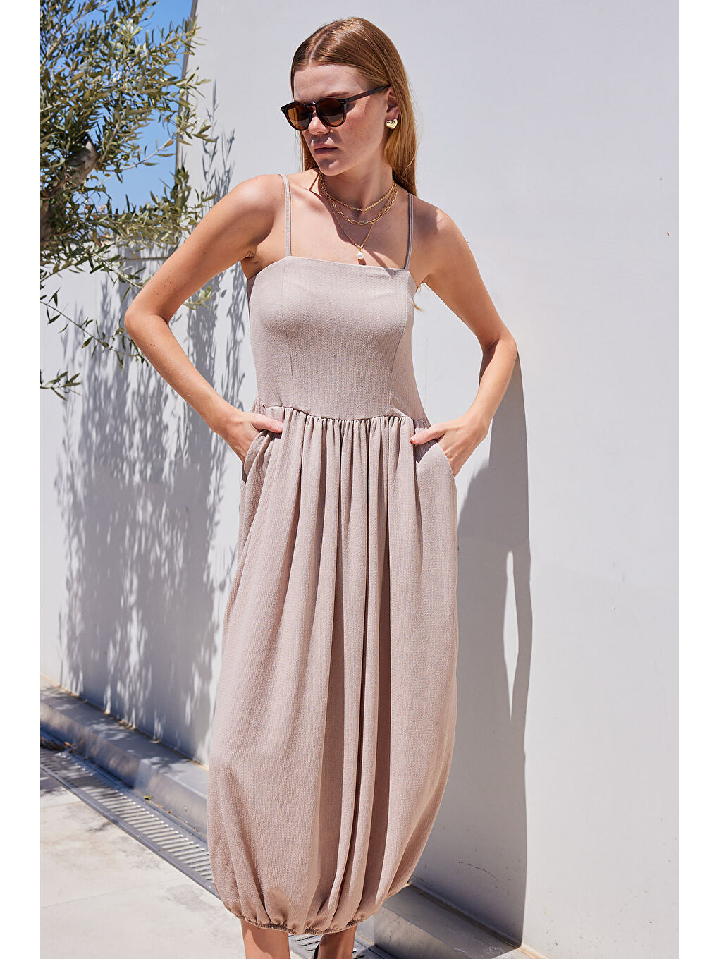 2492 Askılı Örme Salopet Elbise - Bej-3