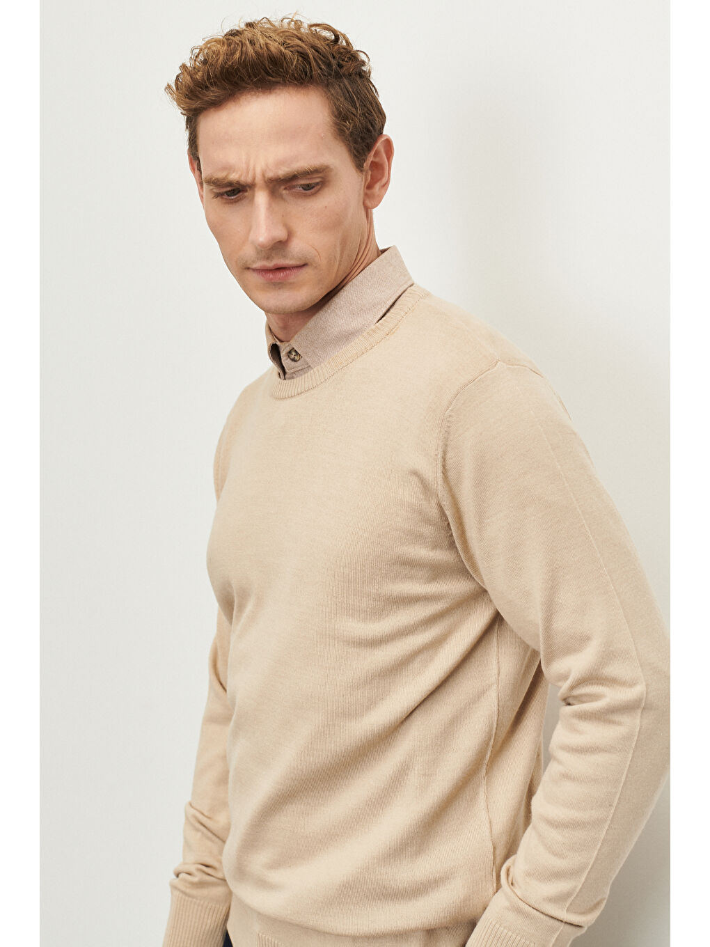 Erkek Bej Standart Fit Normal Kesim Bisiklet Yaka Yünlü Rahat Triko Kazak-2
