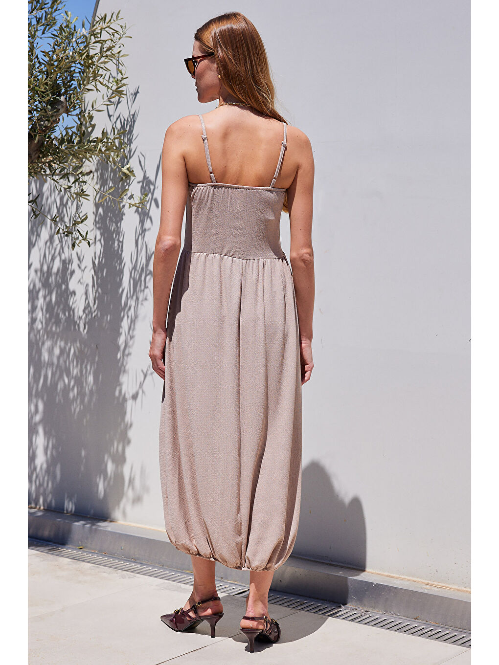 2492 Askılı Örme Salopet Elbise - Bej-6