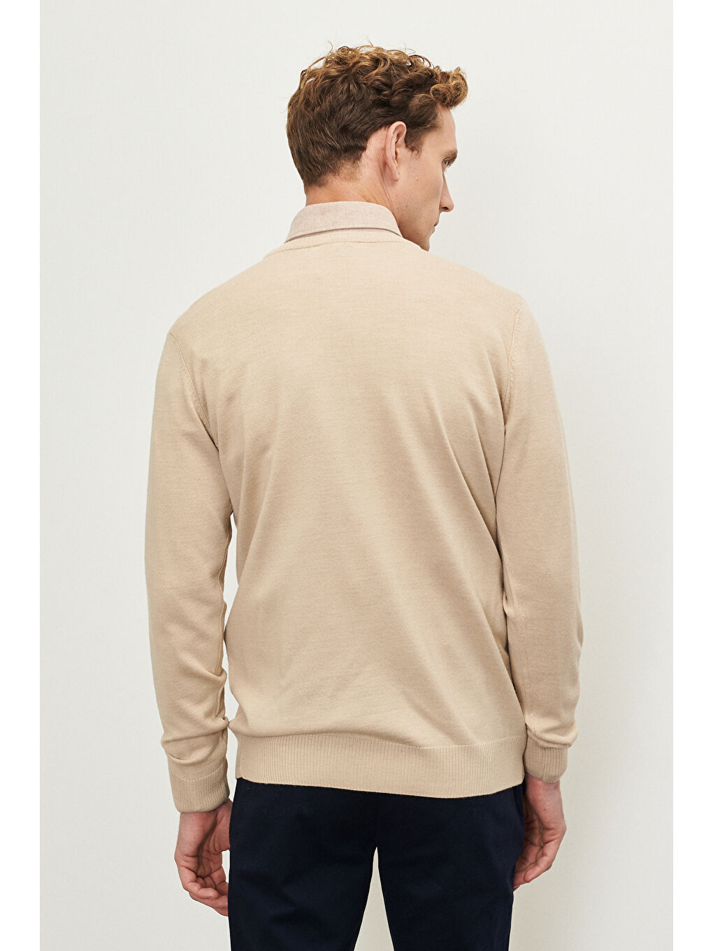 Erkek Bej Standart Fit Normal Kesim Bisiklet Yaka Yünlü Rahat Triko Kazak-3