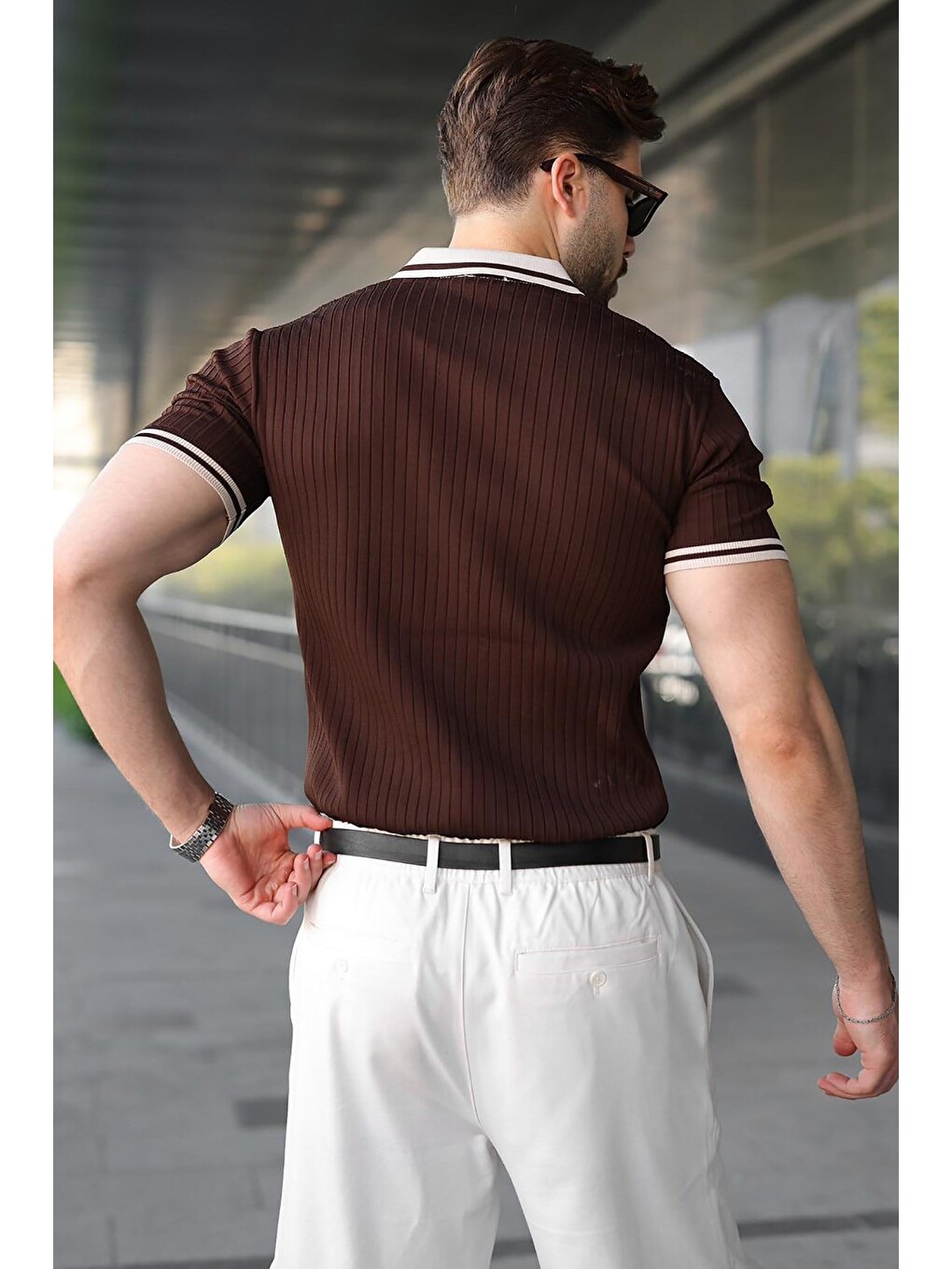 Kahverengi Yarım Fermuarlı Polo Yaka Triko Erkek Tişört E7501-2