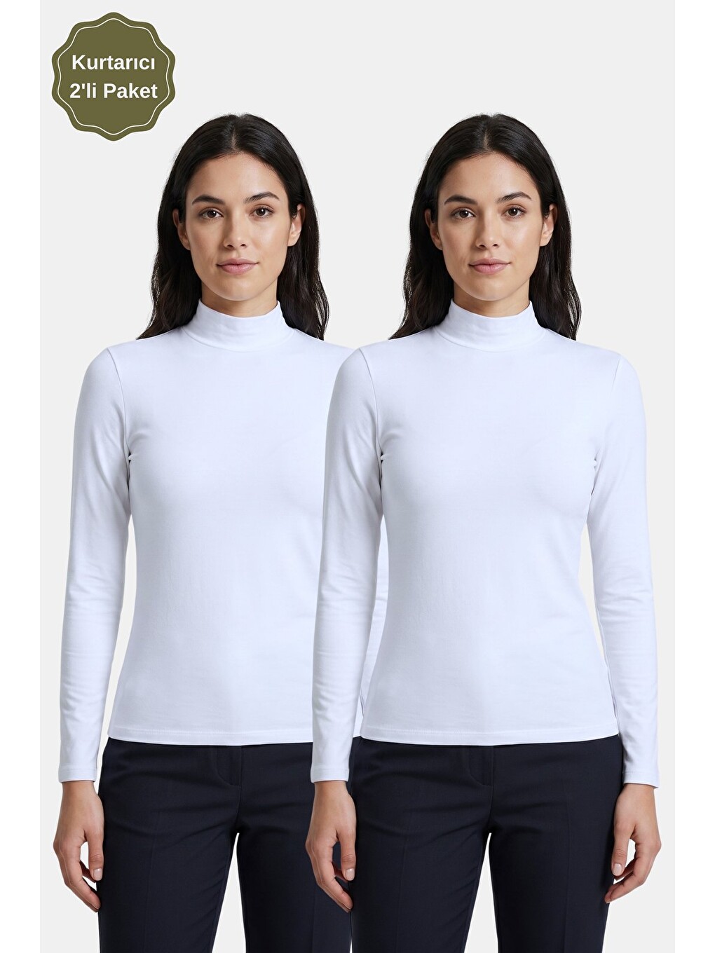 2-beyaz Kadın Yarım Balıkçı Yaka Uzun Kollu Body/bluz - 2'li Paket