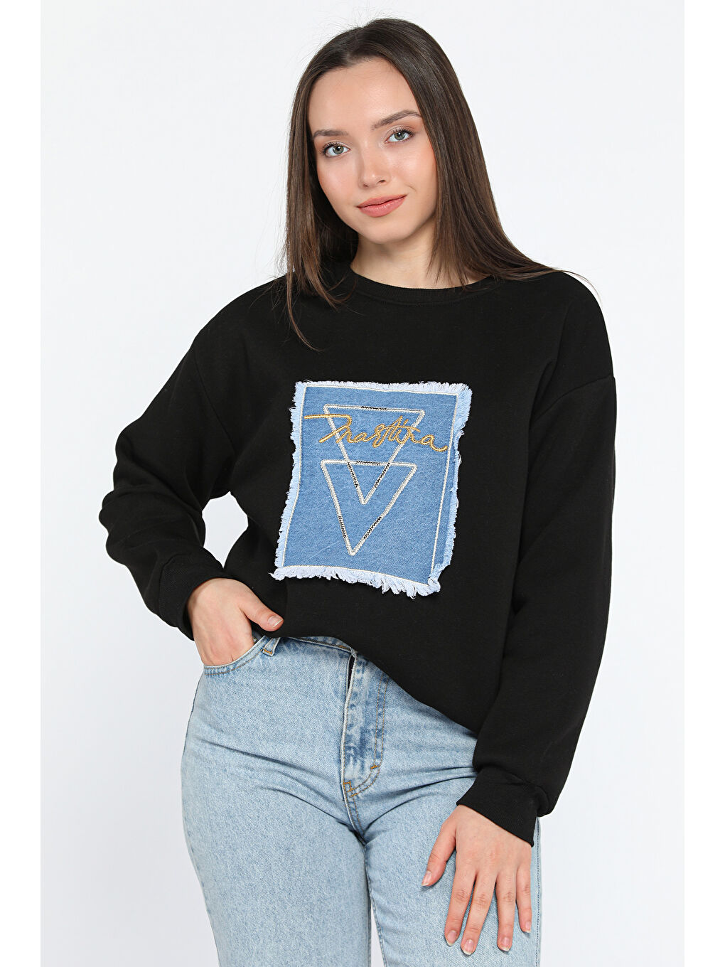 Siyah Kadın Bisiklet Yaka Üç İplik Şardonlu Sweatshirt-1