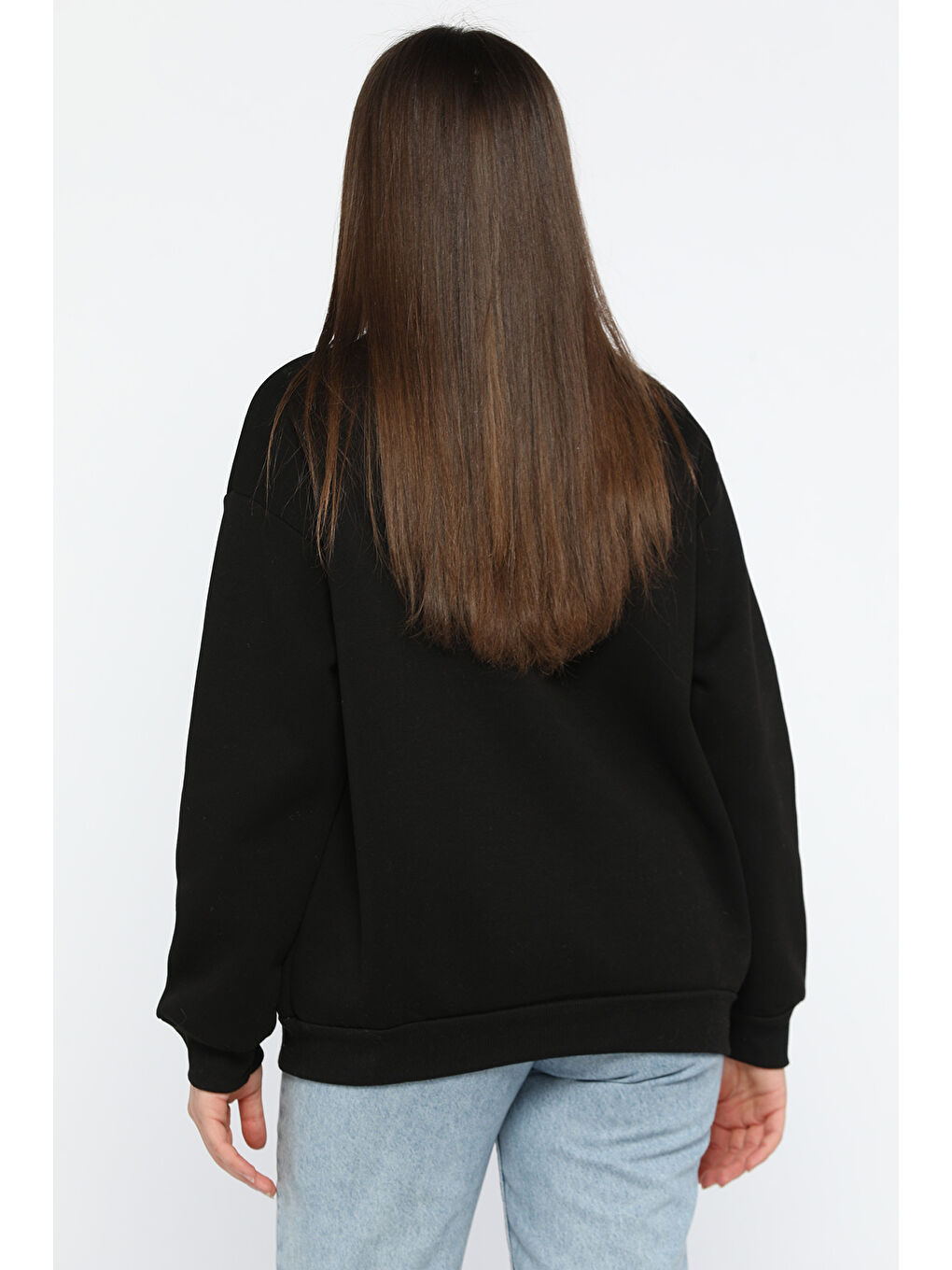 Siyah Kadın Bisiklet Yaka Üç İplik Şardonlu Sweatshirt-2