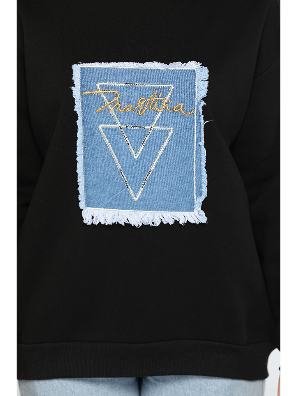 Siyah Kadın Bisiklet Yaka Üç İplik Şardonlu Sweatshirt-3