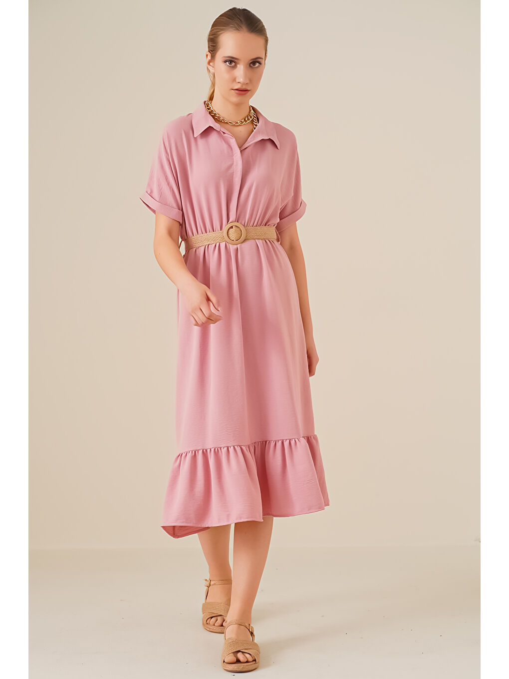 Pembe 2292 Kemerli Elbise - Pudra