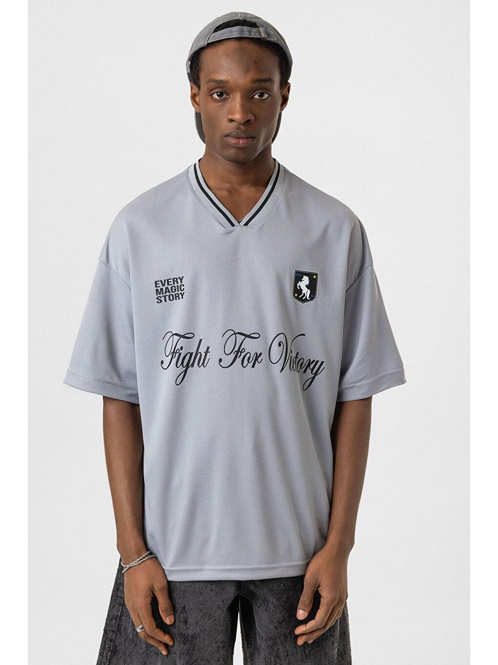 Baskılı Oversize Forma Tişört Gri-2