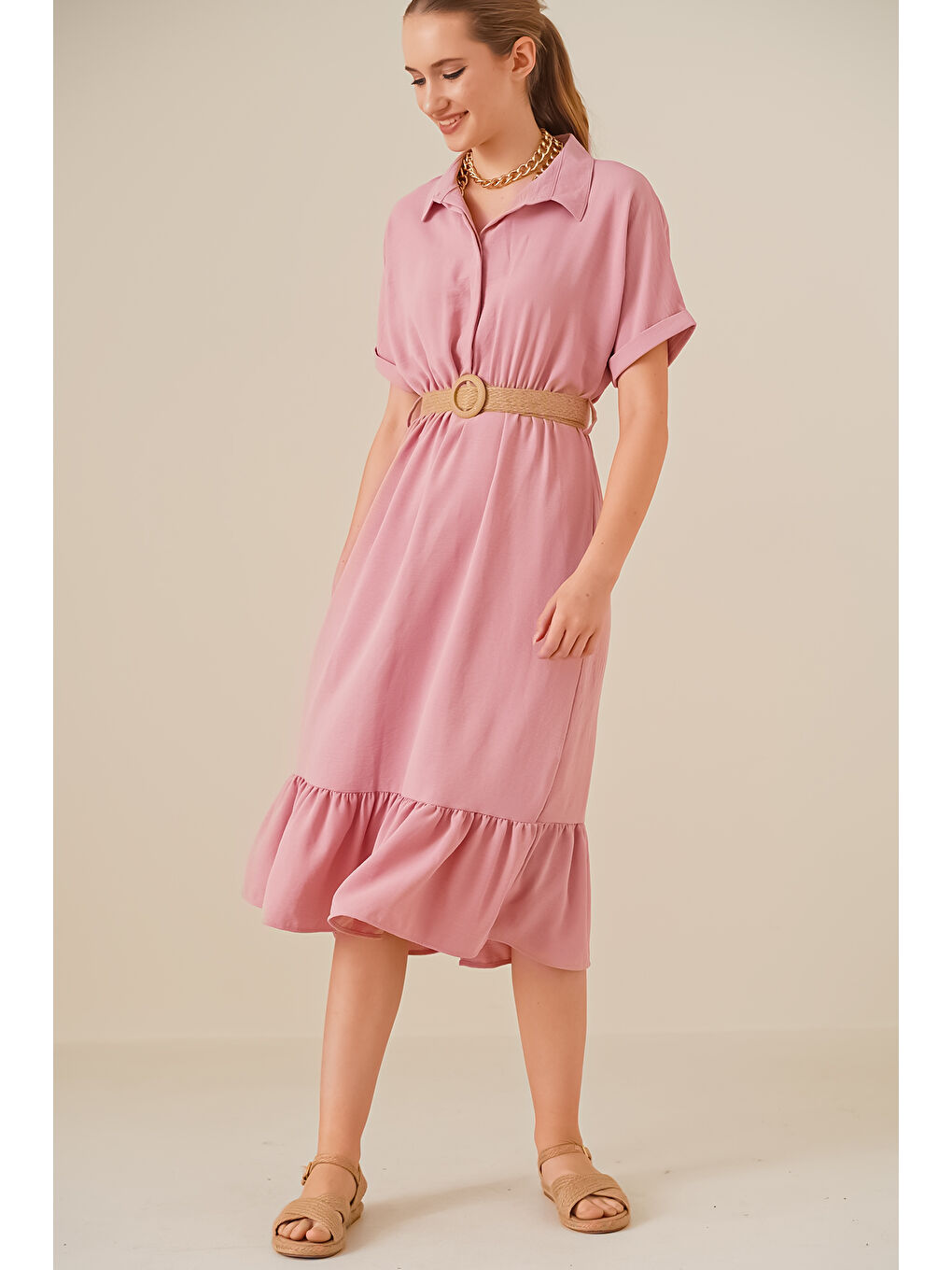 Pembe 2292 Kemerli Elbise - Pudra-1