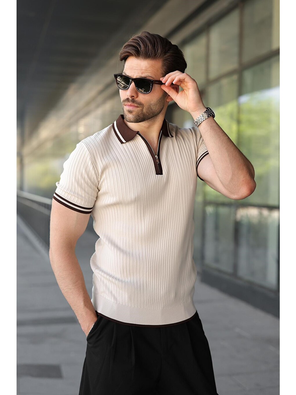 Bej Taş Rengi Yarım Fermuarlı Polo Yaka Triko Erkek Tişört E7501-1