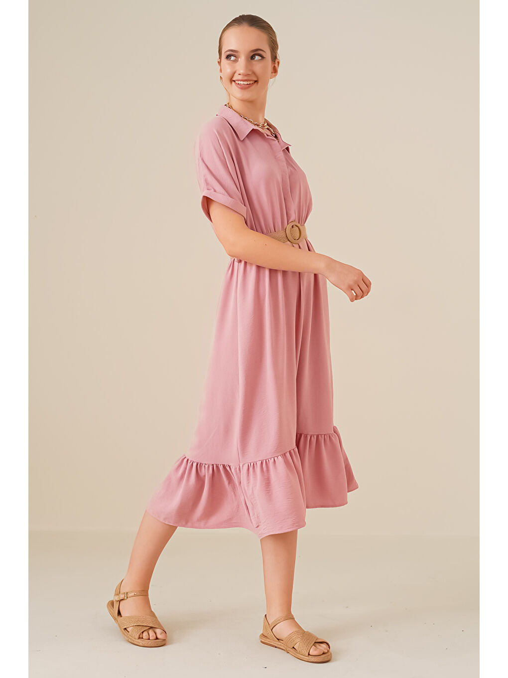 Pembe 2292 Kemerli Elbise - Pudra-2