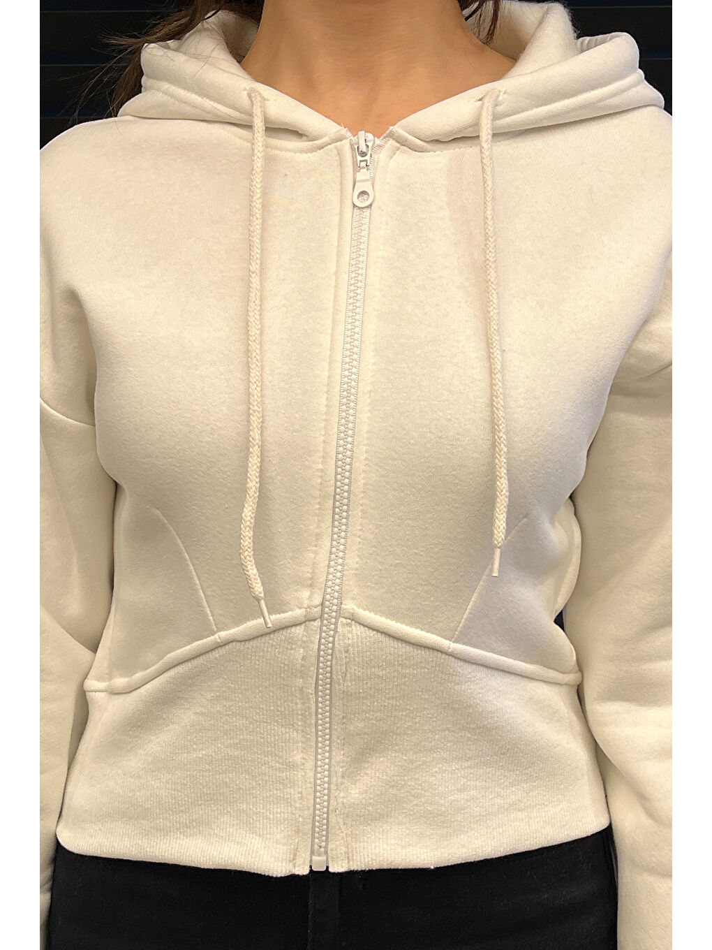 Ekru Kadın Fermuarlı Crop Top Sweatshirt-2