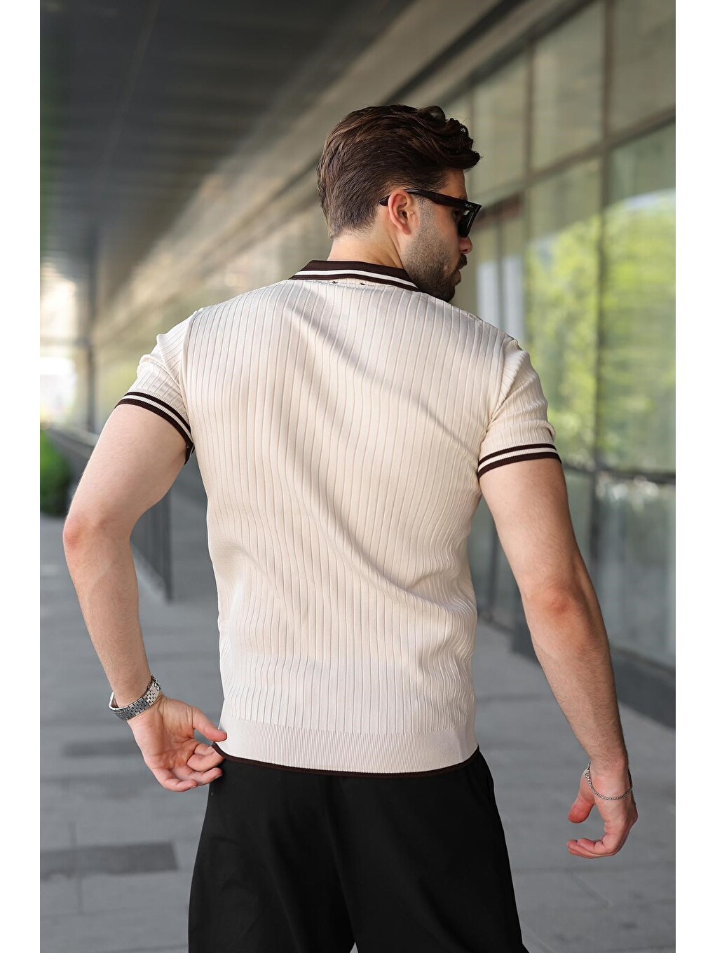 Bej Taş Rengi Yarım Fermuarlı Polo Yaka Triko Erkek Tişört E7501-4