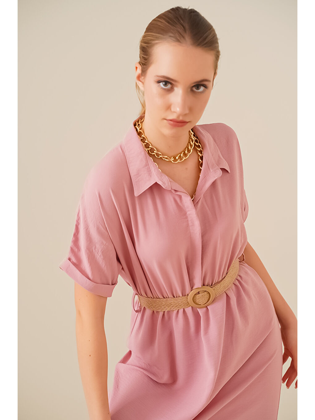 Pembe 2292 Kemerli Elbise - Pudra-3