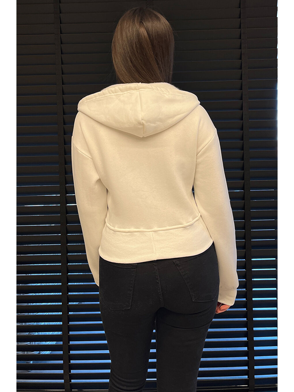 Ekru Kadın Fermuarlı Crop Top Sweatshirt-3