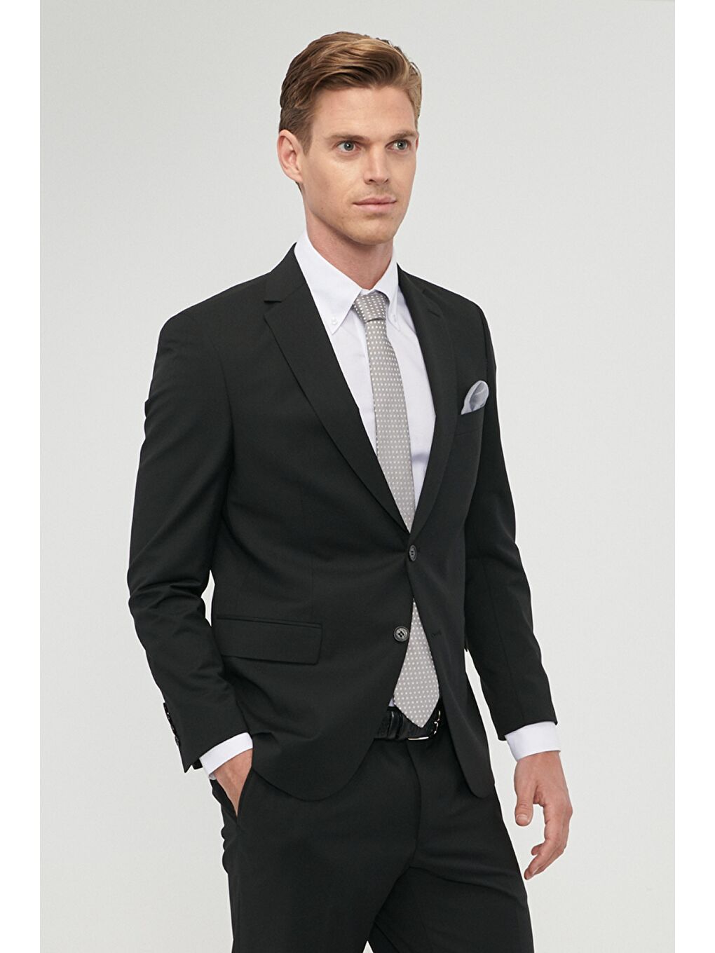 Erkek Siyah Su Geçirmez Regular Fit Geniş Kesim Mono Yaka Yünlü Nano Takım Elbise-2