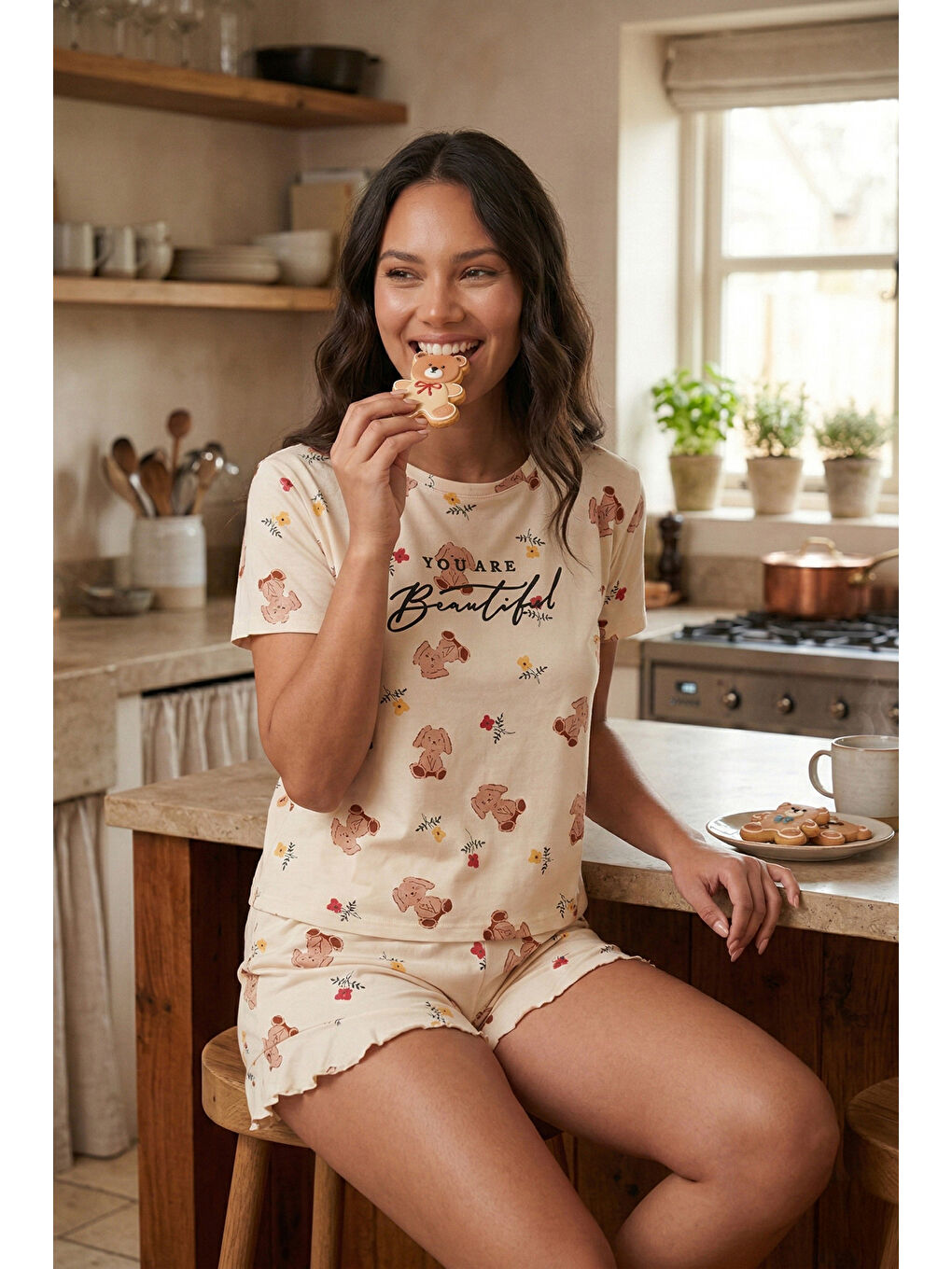 Lila Desenli Bambu Karışımlı Regular Fit Şortlu Pijama Takımı 6097715