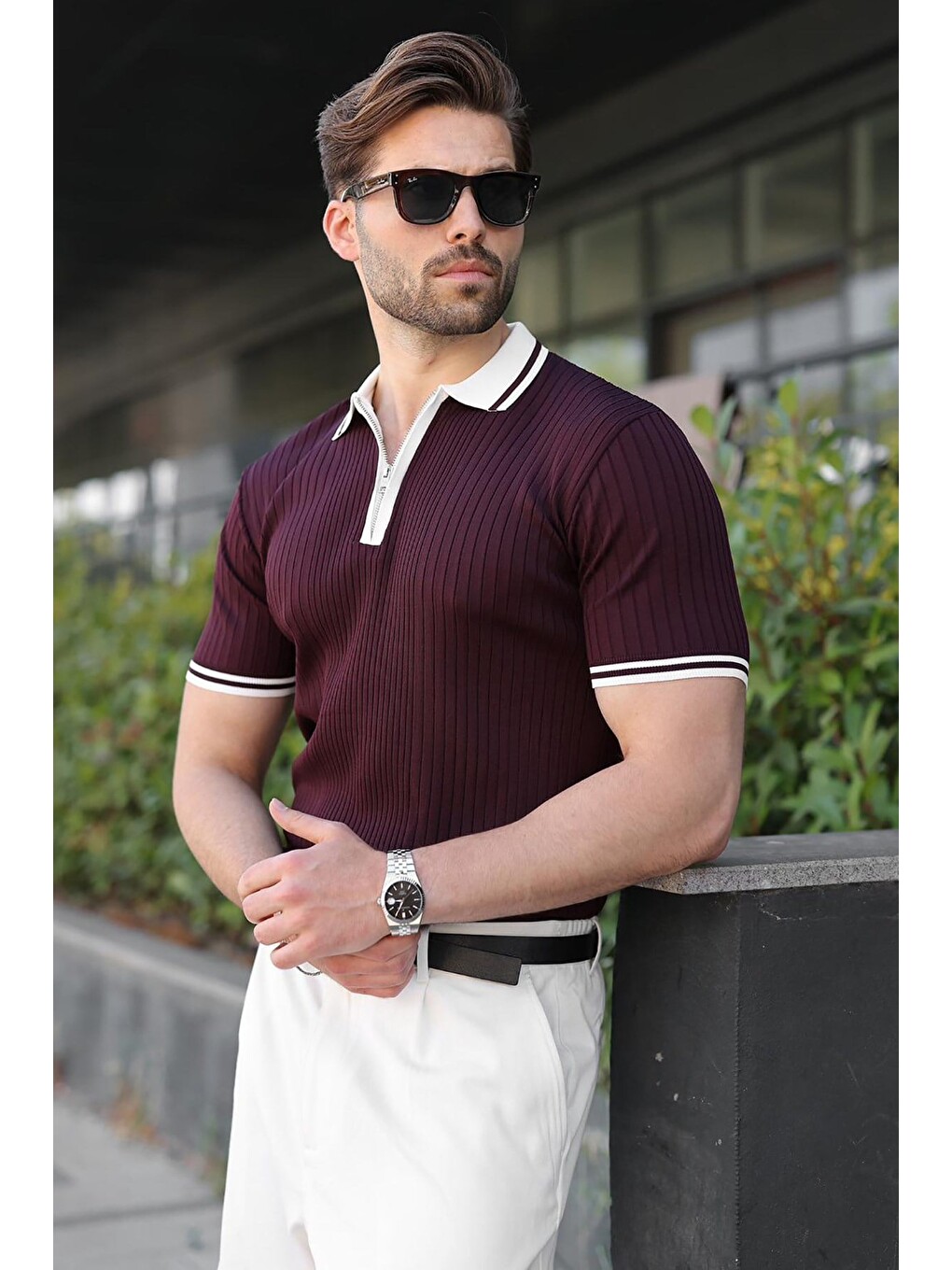 Mürdüm Yarım Fermuarlı Polo Yaka Triko Erkek Tişört E7501-1