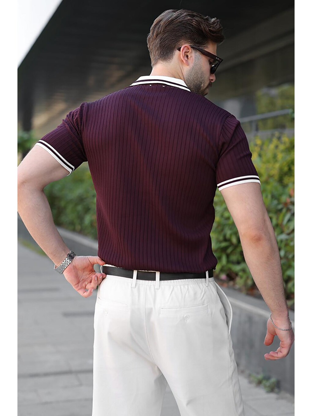 Mürdüm Yarım Fermuarlı Polo Yaka Triko Erkek Tişört E7501-2