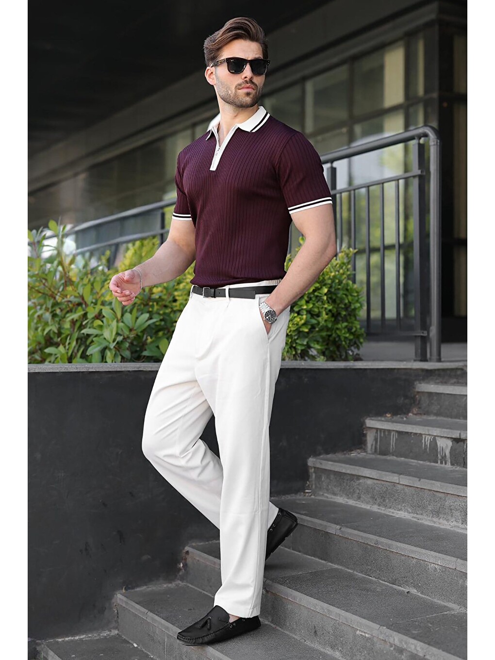 Mürdüm Yarım Fermuarlı Polo Yaka Triko Erkek Tişört E7501-4