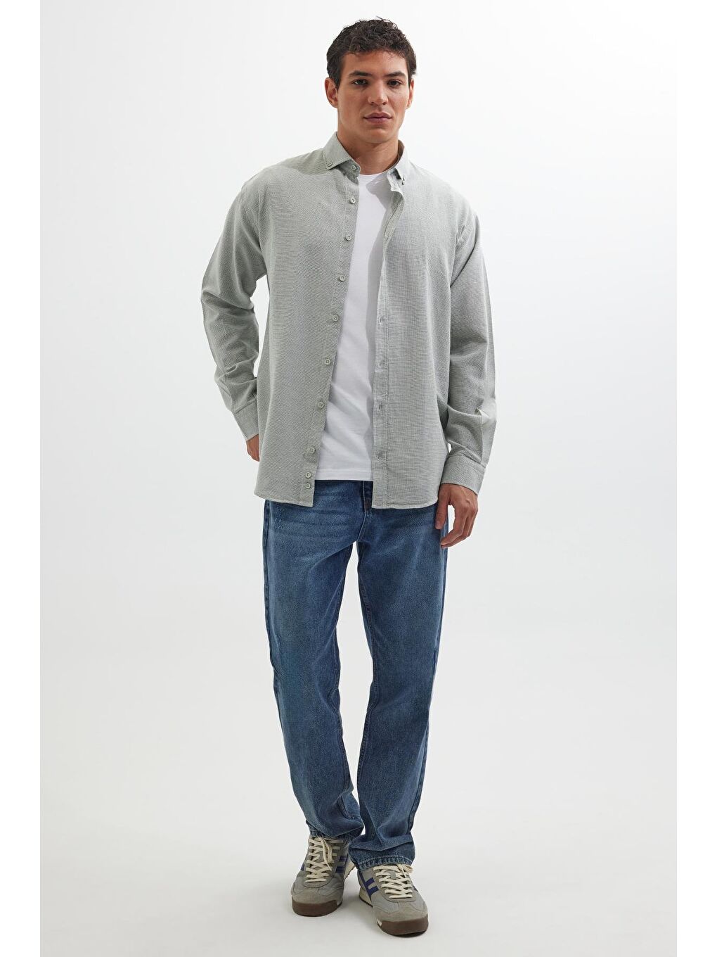 Turkuaz Erkek Relax Fit Rahat Kalıp Uzun Kollu %100 Pamuk Düğmeli Spor Yaka Su Yeşili Gömlek-3