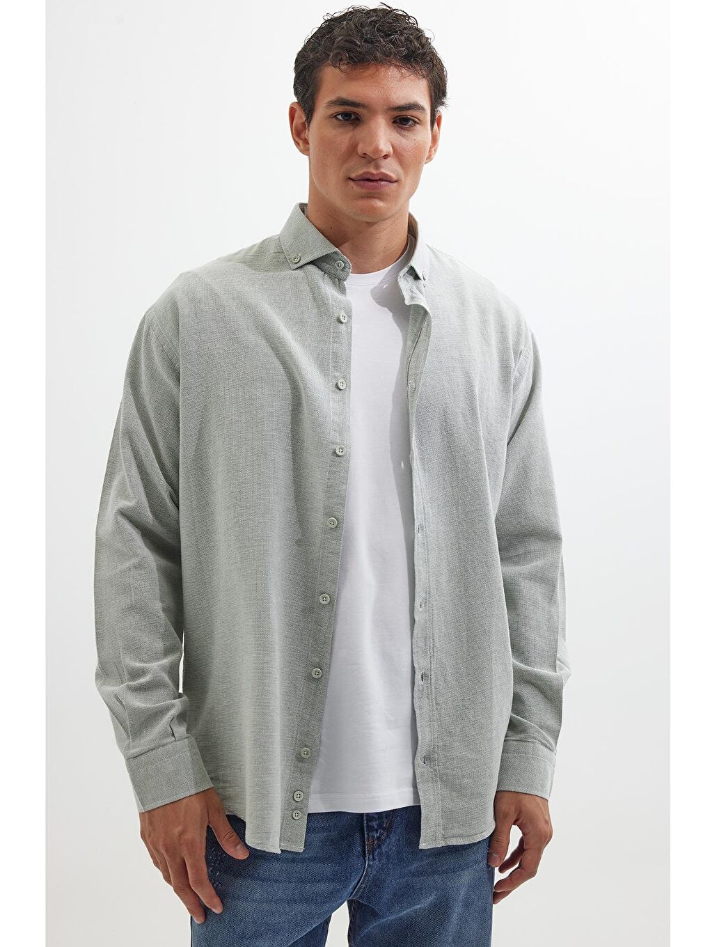 Turkuaz Erkek Relax Fit Rahat Kalıp Uzun Kollu %100 Pamuk Düğmeli Spor Yaka Su Yeşili Gömlek-4