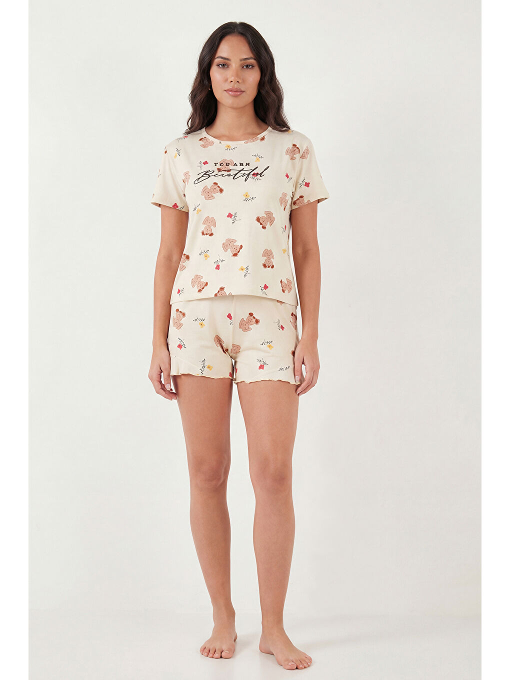 Lila Desenli Bambu Karışımlı Regular Fit Şortlu Pijama Takımı 6097715-1