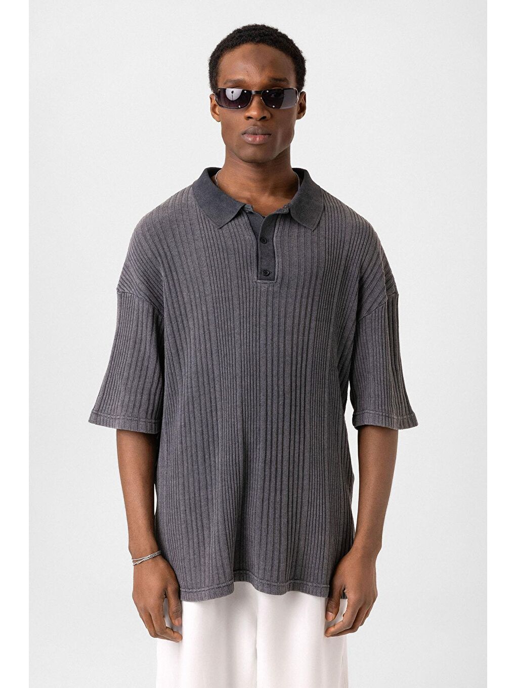 Polo Yaka Oversize Triko Siyah-2