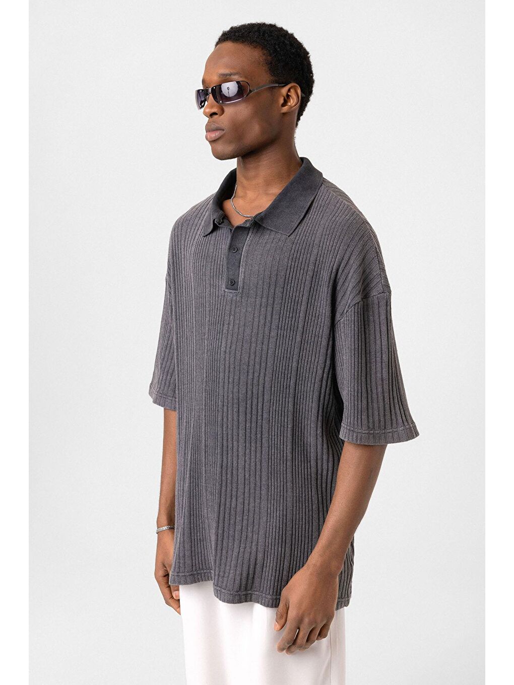 Polo Yaka Oversize Triko Siyah-3