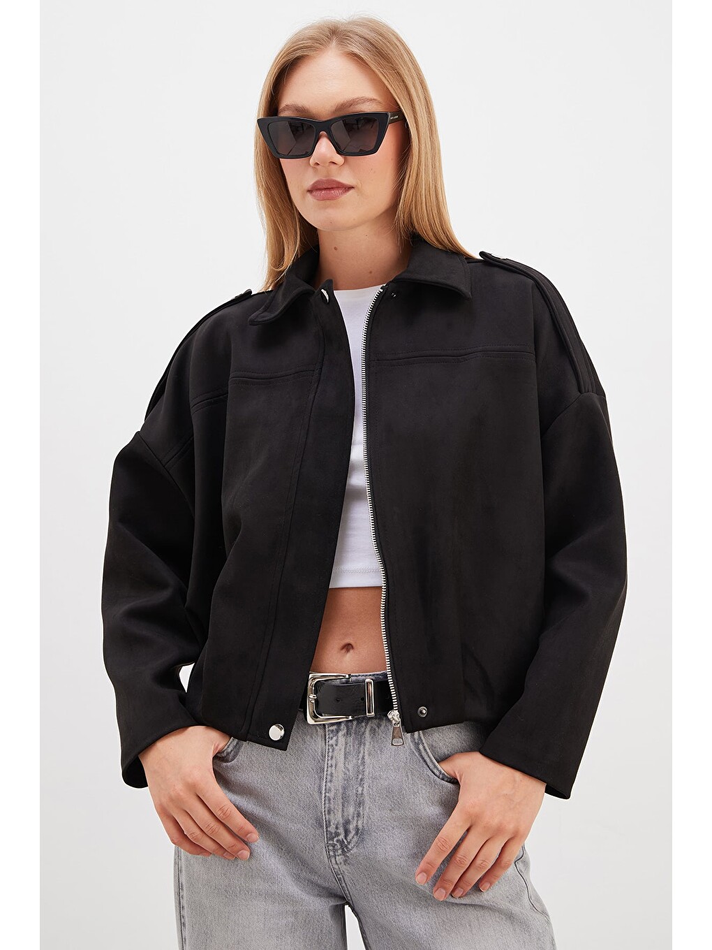 Siyah Fermuarlı Polo Yaka Süet Bomber Ceket