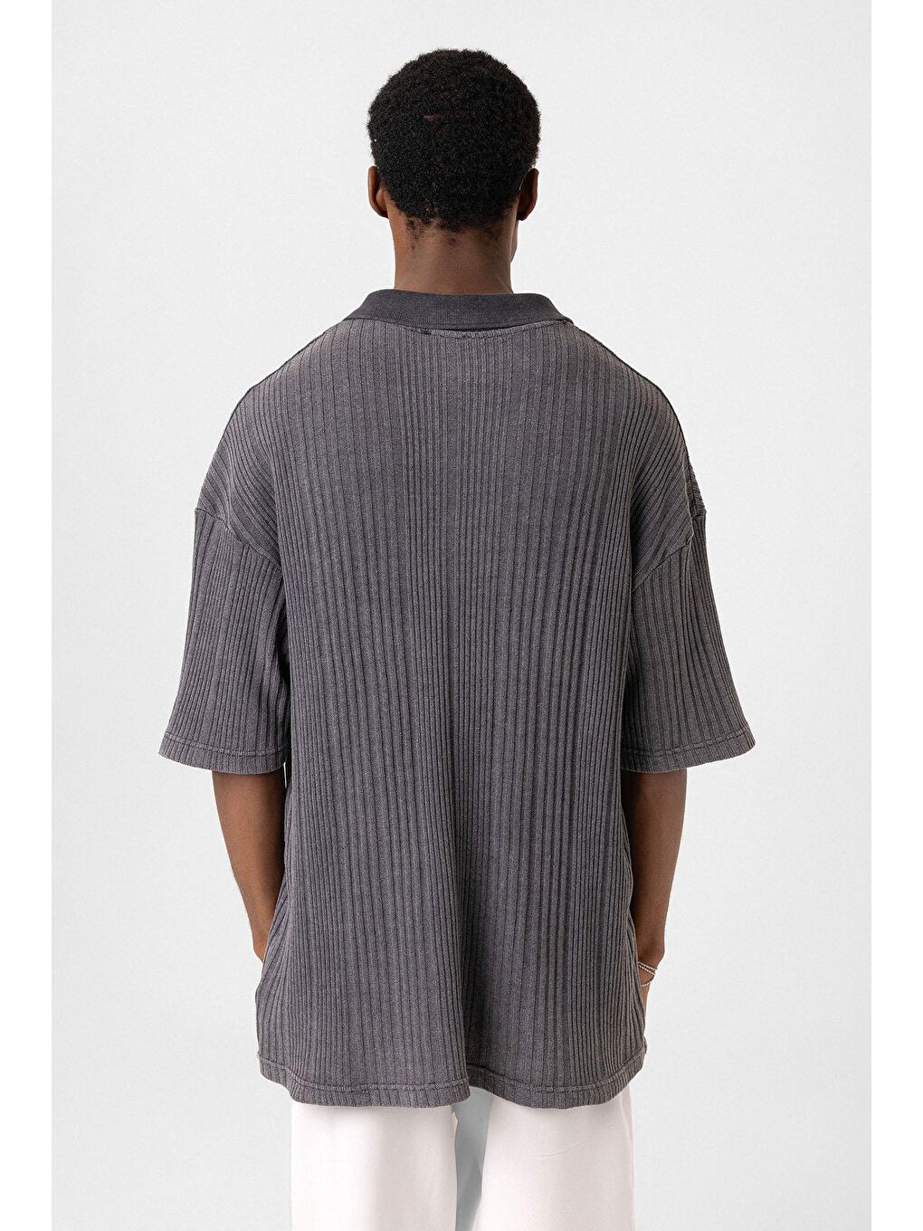 Polo Yaka Oversize Triko Siyah-4