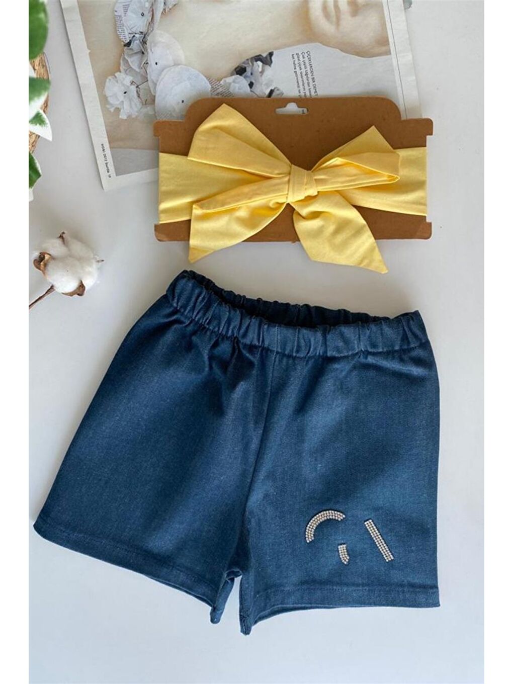 Kız Çocuk İndigo Jean Şort Sarı Bandana Takım-1