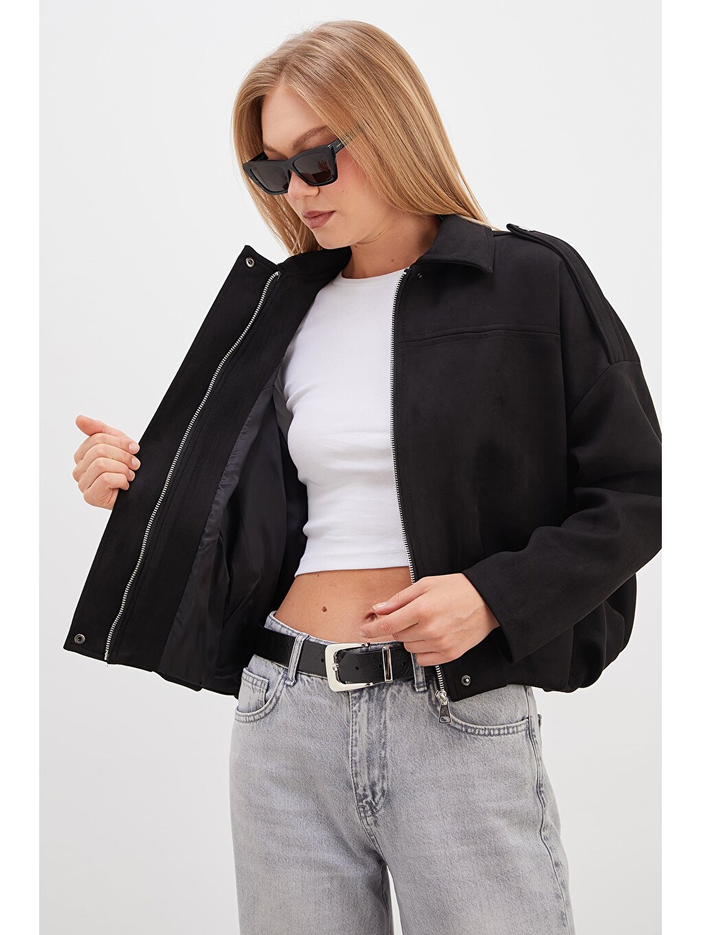 Siyah Fermuarlı Polo Yaka Süet Bomber Ceket-1