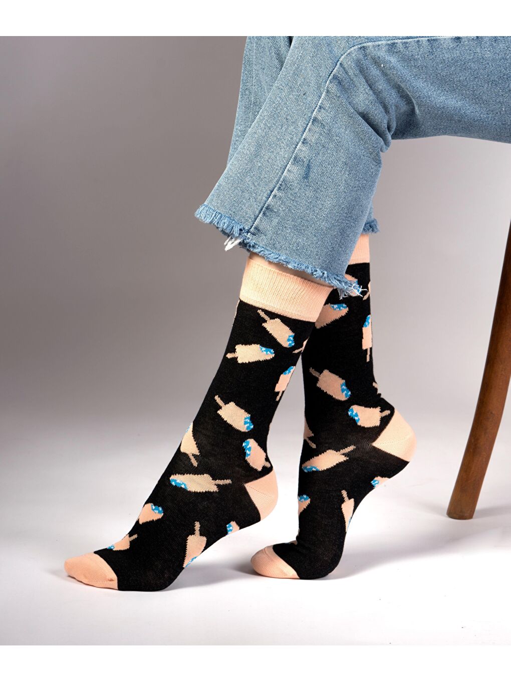 Siyah Ice Cream Desenli Çorap-2