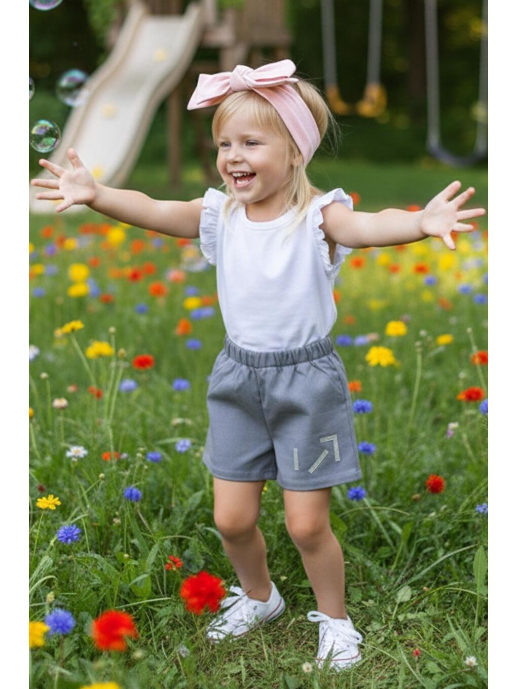 Kız Çocuk Gri Jean Şort Pudra Bandana Takım-1