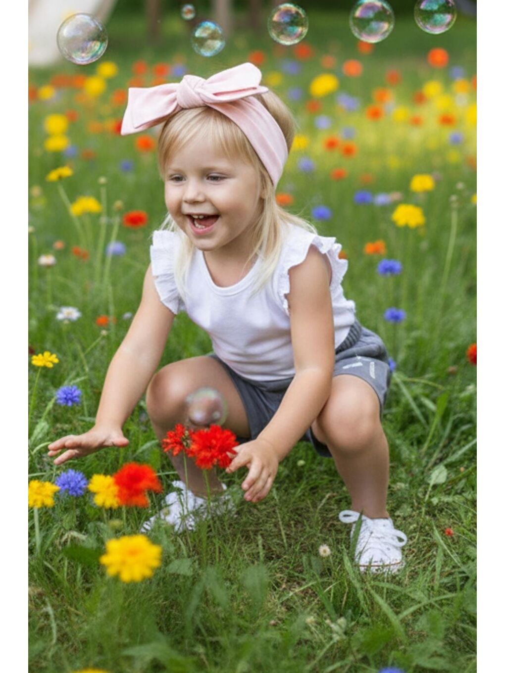 Kız Çocuk Gri Jean Şort Pudra Bandana Takım-2