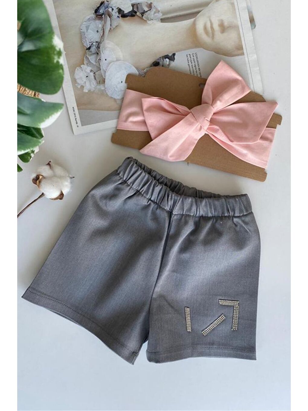 Kız Çocuk Gri Jean Şort Pudra Bandana Takım-3