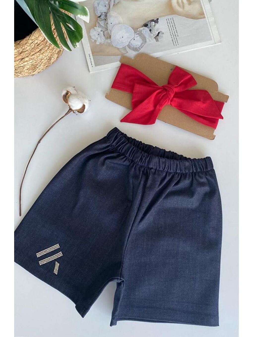 Kız Çocuk Lacivert Jean Şort Kırmızı Bandana Takım-2