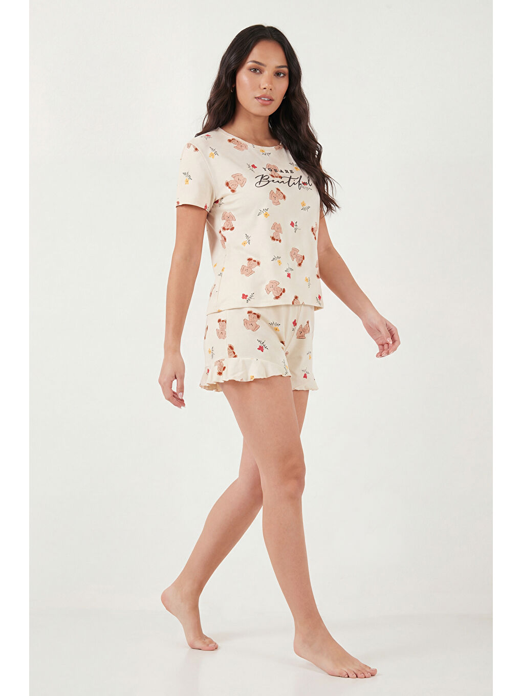 Lila Desenli Bambu Karışımlı Regular Fit Şortlu Pijama Takımı 6097715-2