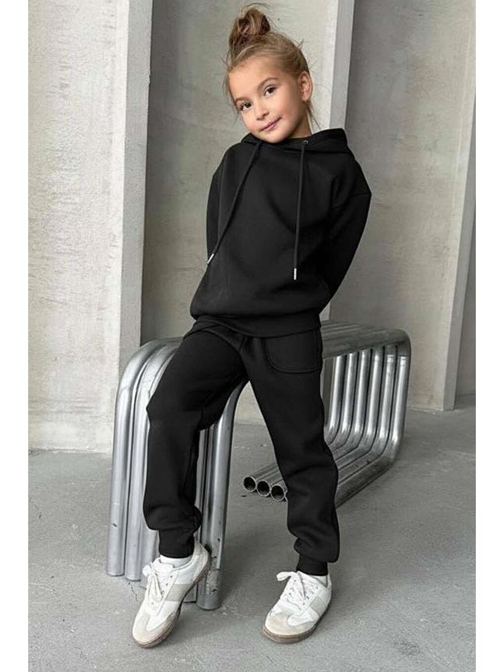 Kız Çocuk Şardonlu İp Detaylı Sweatshirt Pamuklu Siyah Eşofman Takım-2