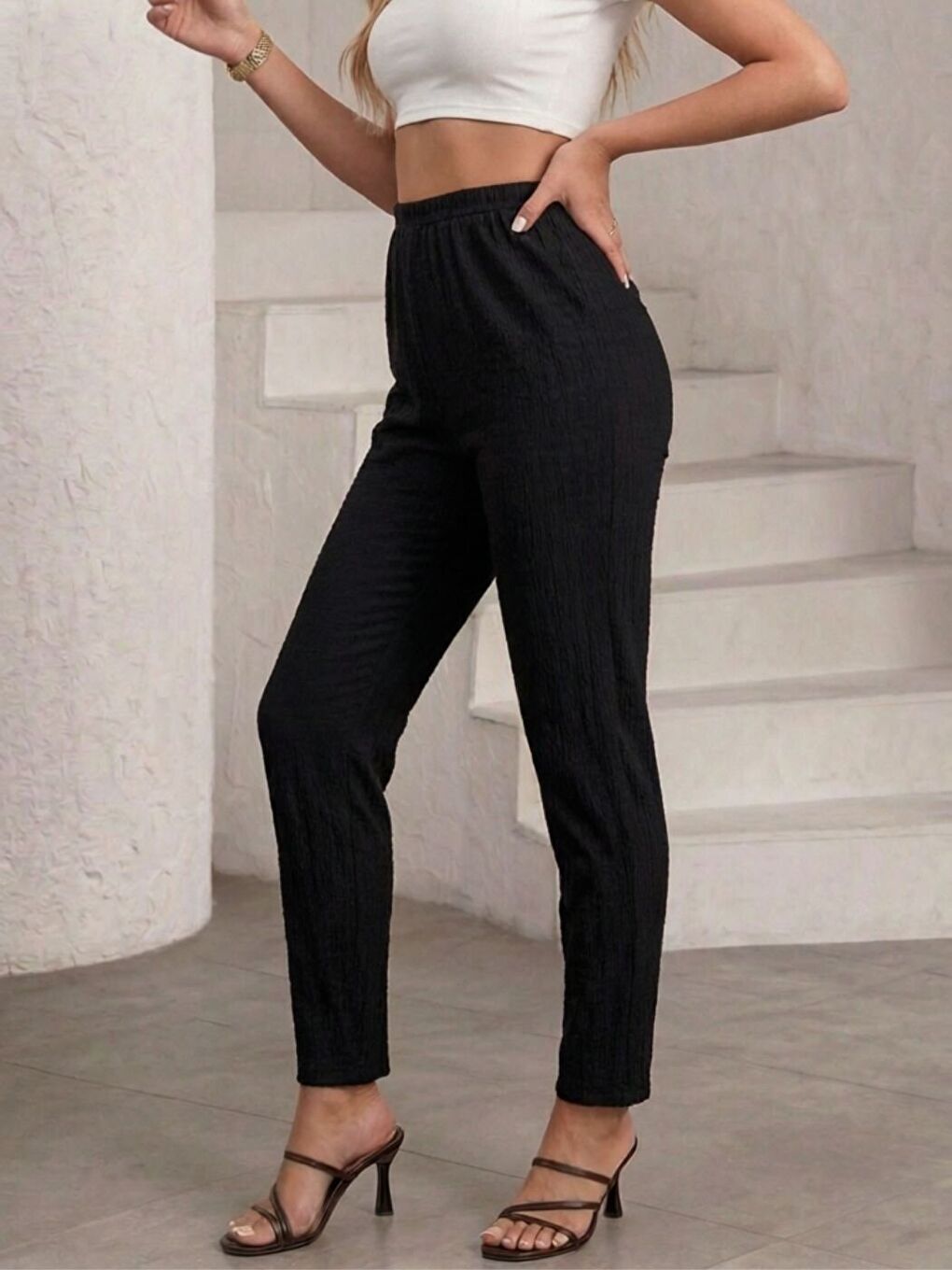 Kadın Siyah Yüksek Bel Bürümcük Kumaş Yazlık Ev & Günlük Pantolon-1