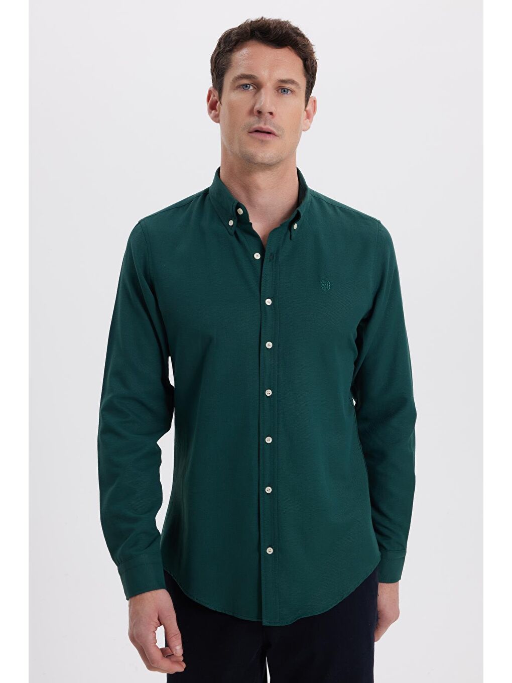 Erkek Slim Fit Dar Kesim Düz Oxford Armalı Düğmeli Yaka Haki Spor Gömlek