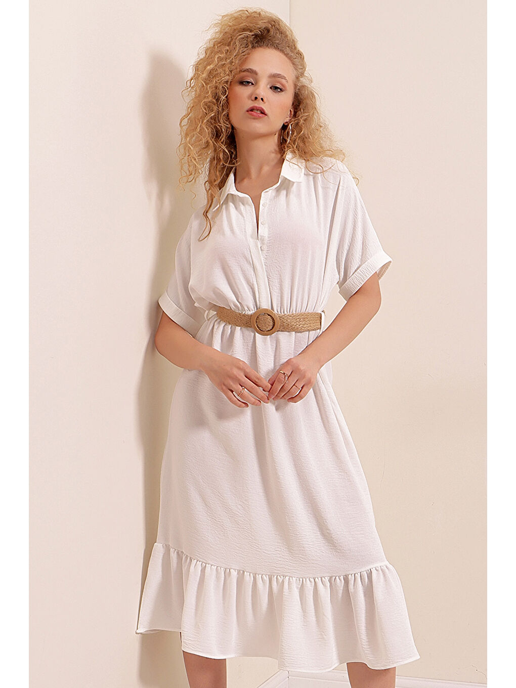 2292 Kemerli Elbise - Beyaz